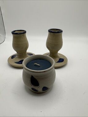 Williamsburg Pottery set of 2 Candle Holders and a small Candle
